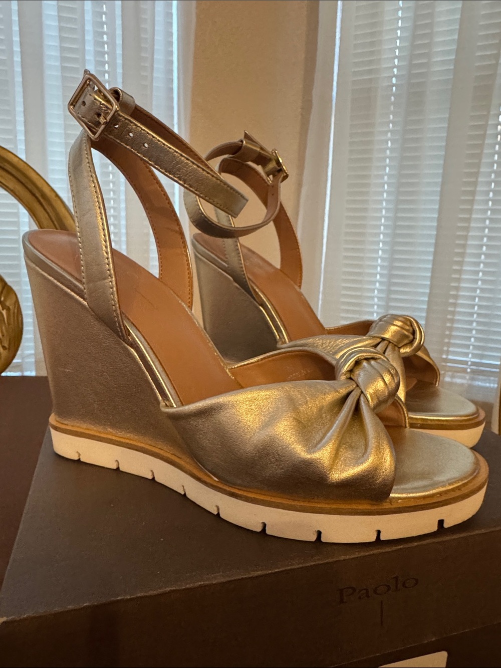 Paolo Metallic Gold Knot Wedge Sandals with Ankle Strap